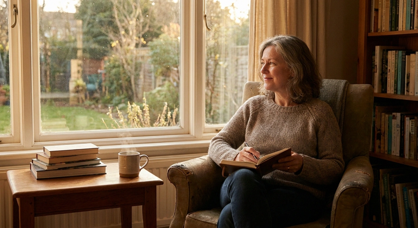 Woman reflecting by a window with her notebook — thoughtful patient managing neuropathy with knowledge of the underlying biology