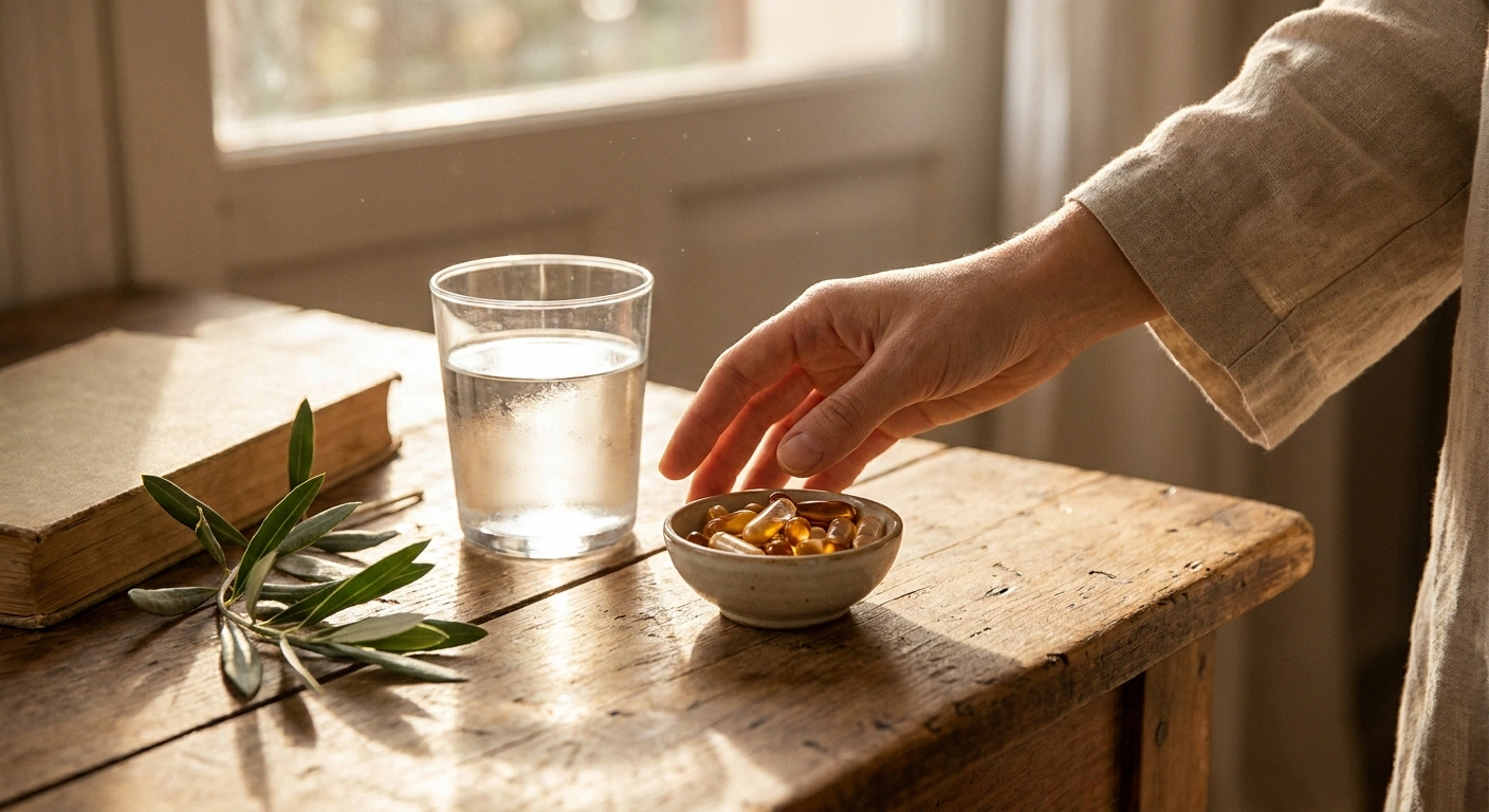 Supplements and water on a wooden table — supporting vascular and blood-nerve barrier health alongside medical care