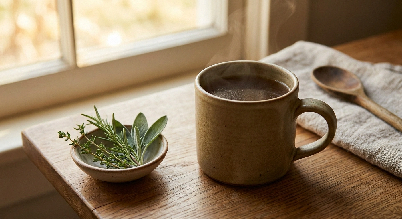 Mug of homemade bone broth steaming on wooden counter — a comforting ritual but not a proven nerve treatment