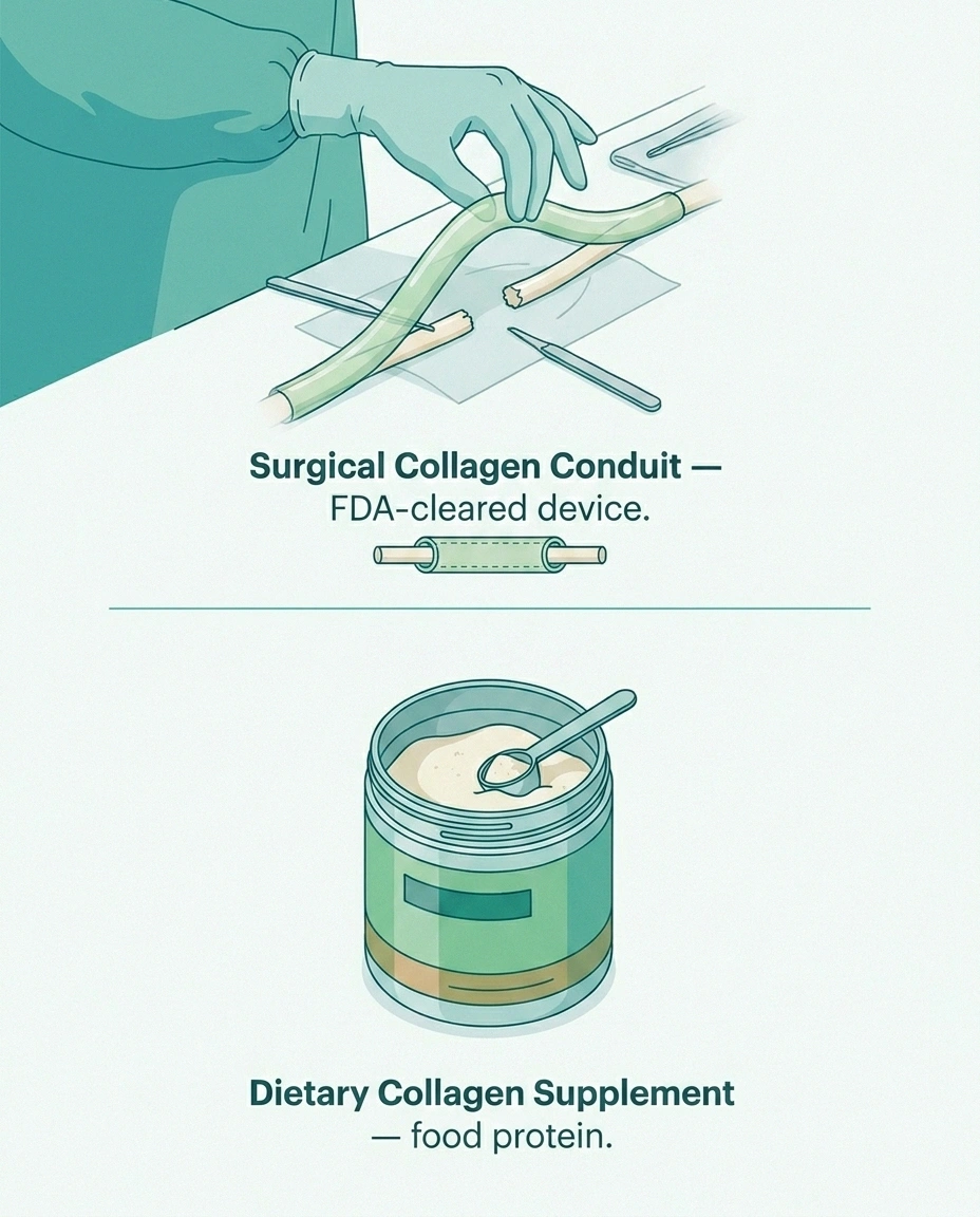 Comparison of surgical collagen nerve conduit versus dietary collagen powder — two distinct products with the same name