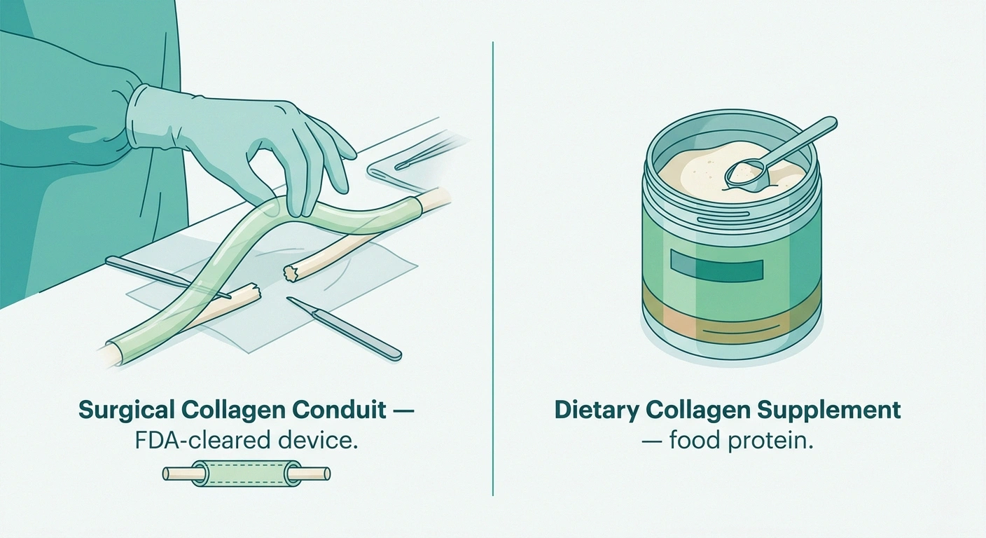 Comparison of surgical collagen nerve conduit versus dietary collagen powder — two distinct products with the same name