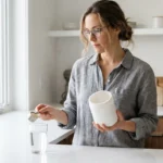 Woman examining collagen supplement powder in her kitchen — questioning whether collagen helps neuropathy