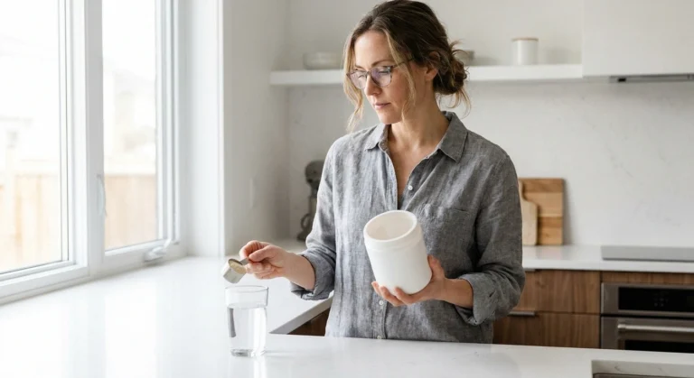 Woman examining collagen supplement powder in her kitchen — questioning whether collagen helps neuropathy