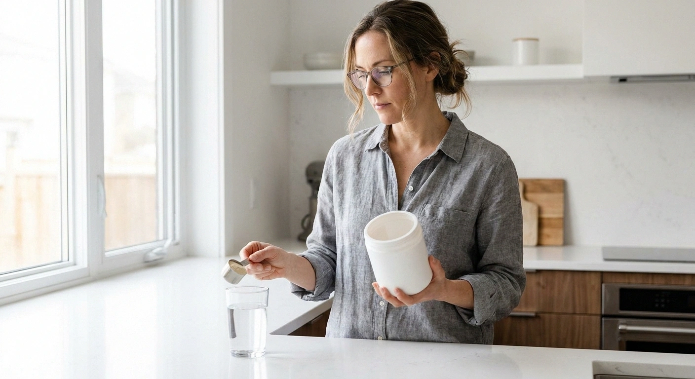 Woman examining collagen supplement powder in her kitchen — questioning whether collagen helps neuropathy