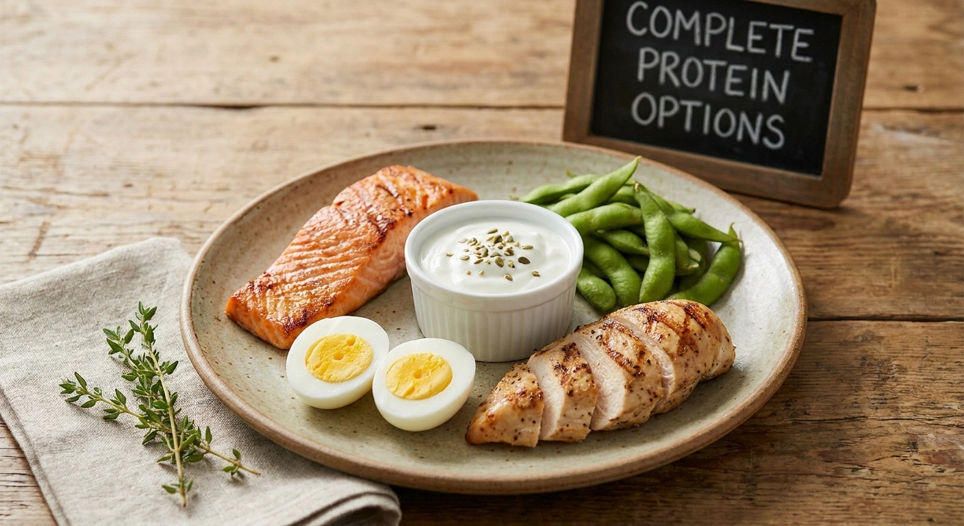 Variety of complete protein sources — salmon, eggs, yogurt, edamame, chicken — providing same amino acids as collagen supplements