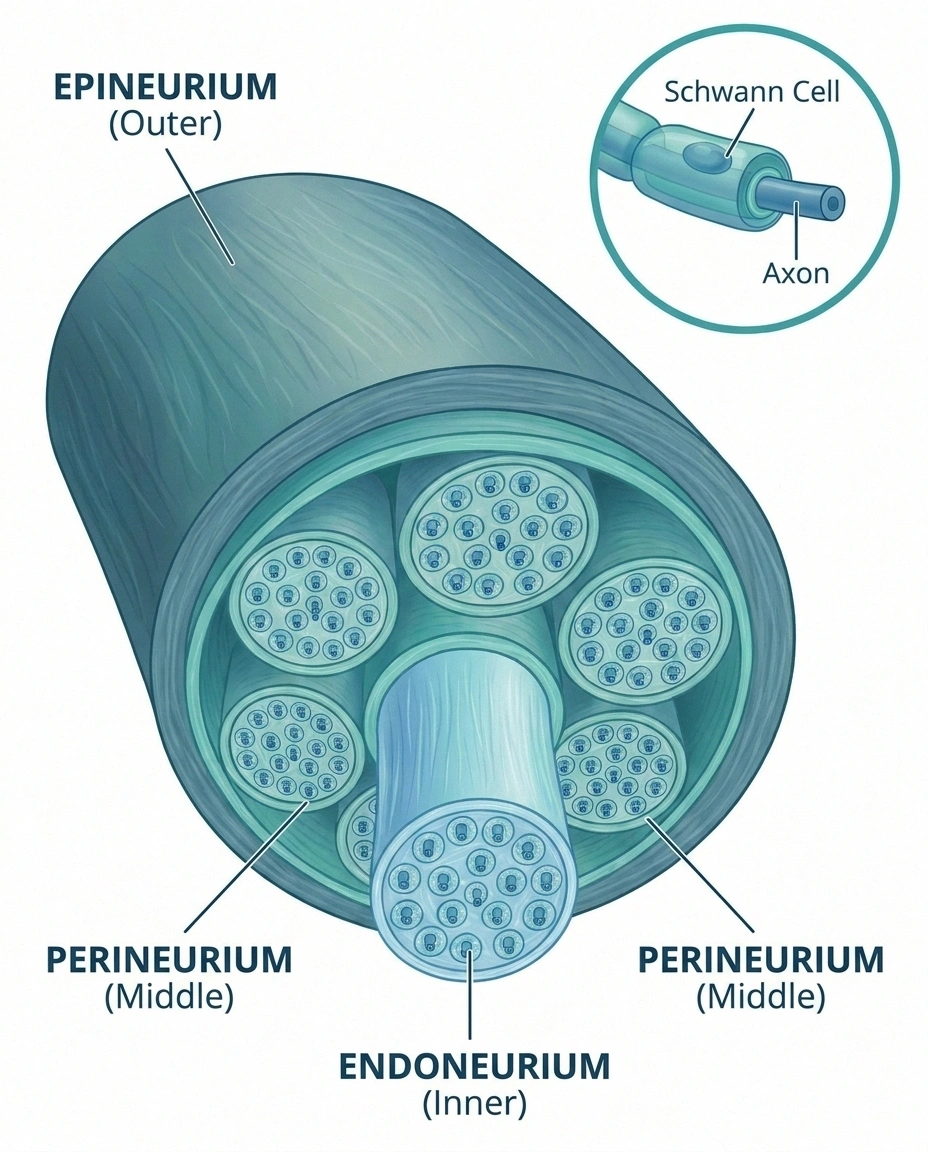 Cross-section diagram of peripheral nerve showing collagen-rich epineurium, perineurium, and endoneurium with Schwann cell