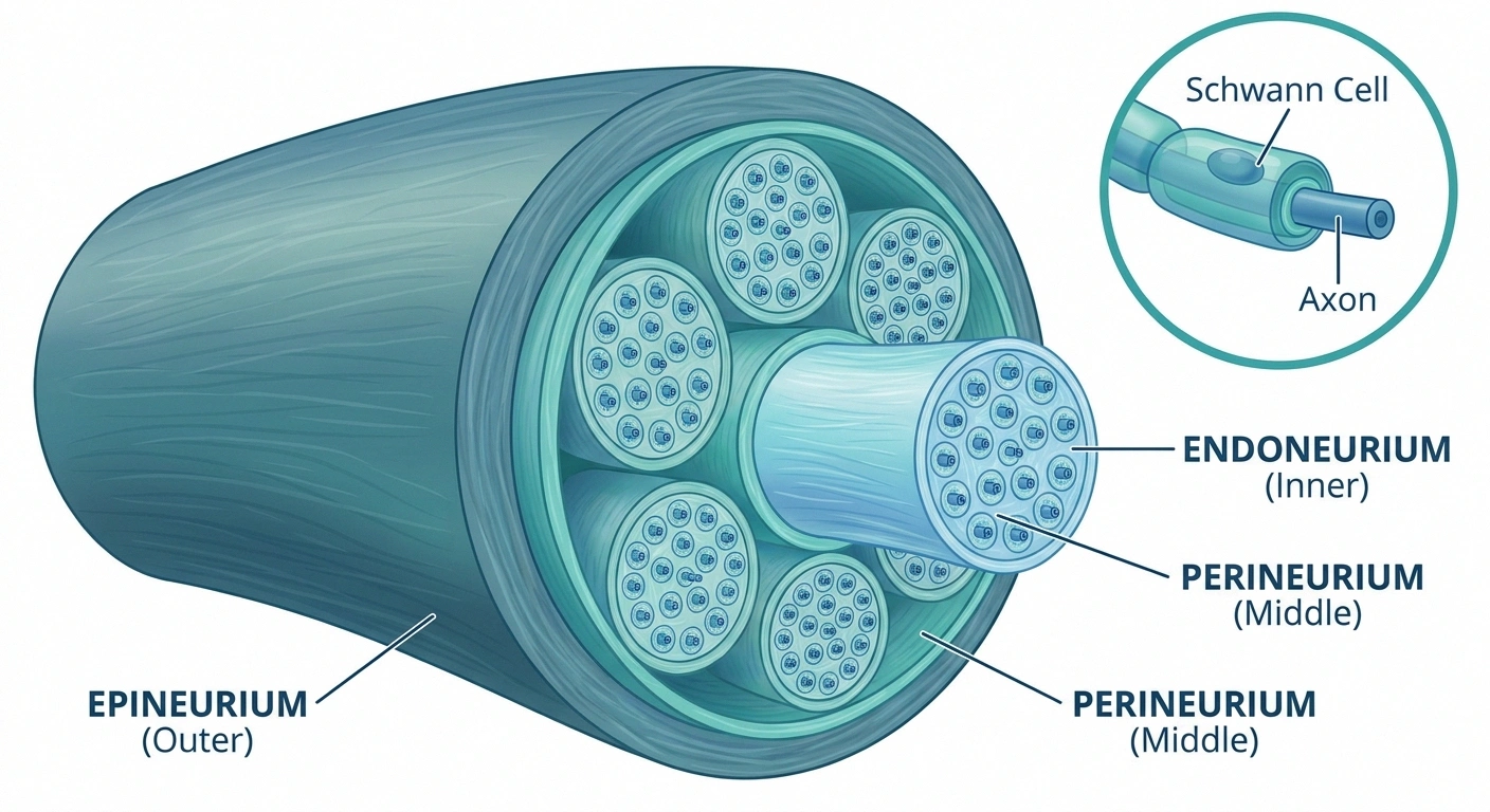 Cross-section diagram of peripheral nerve showing collagen-rich epineurium, perineurium, and endoneurium with Schwann cell