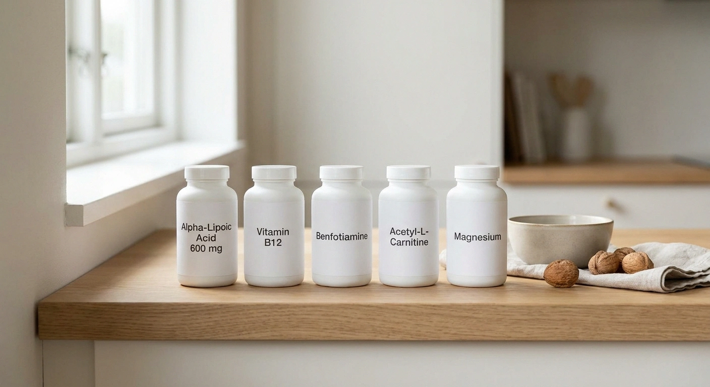 Supplements with clinical evidence for neuropathy — alpha-lipoic acid, B12, benfotiamine, acetyl-L-carnitine, magnesium