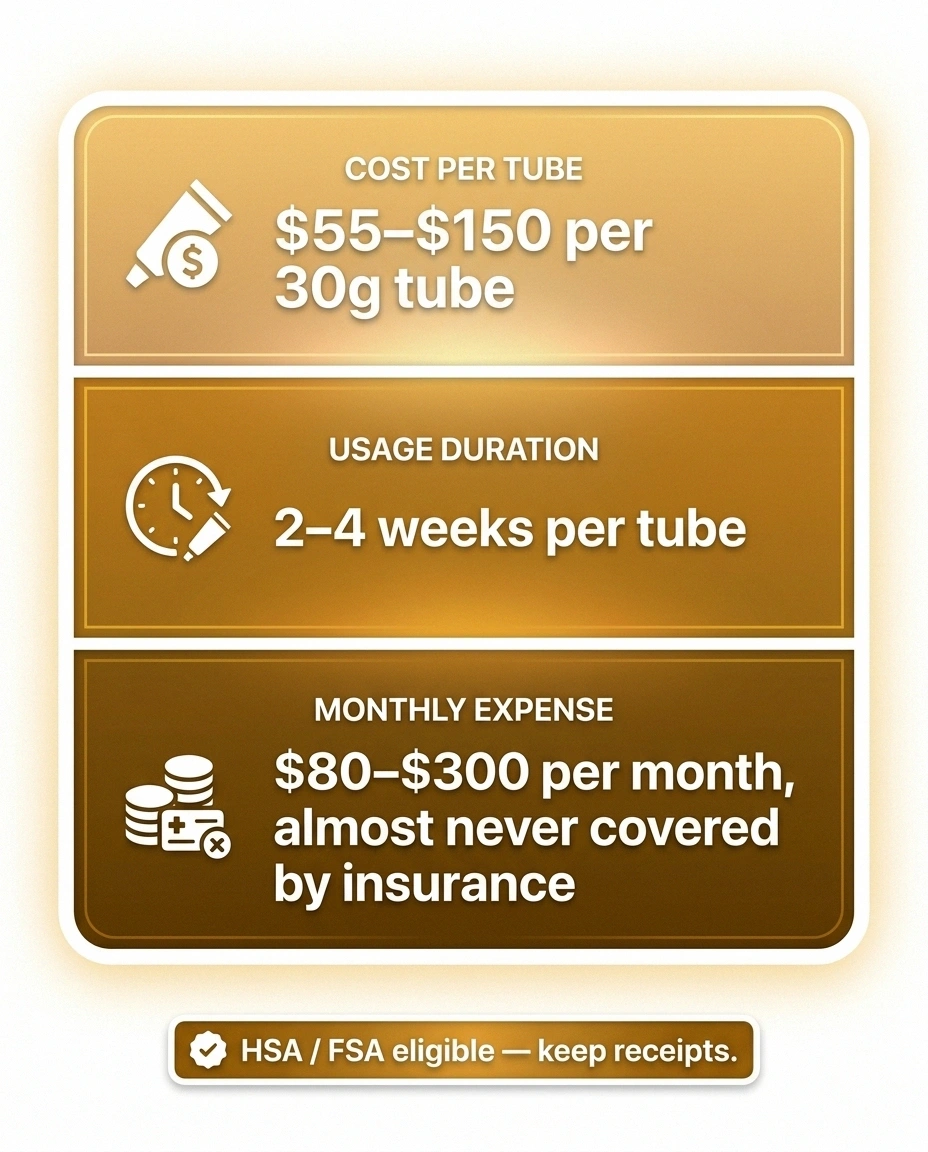 Compounded pain cream cost reality — $55-150 per tube, $80-300 per month, rarely insured