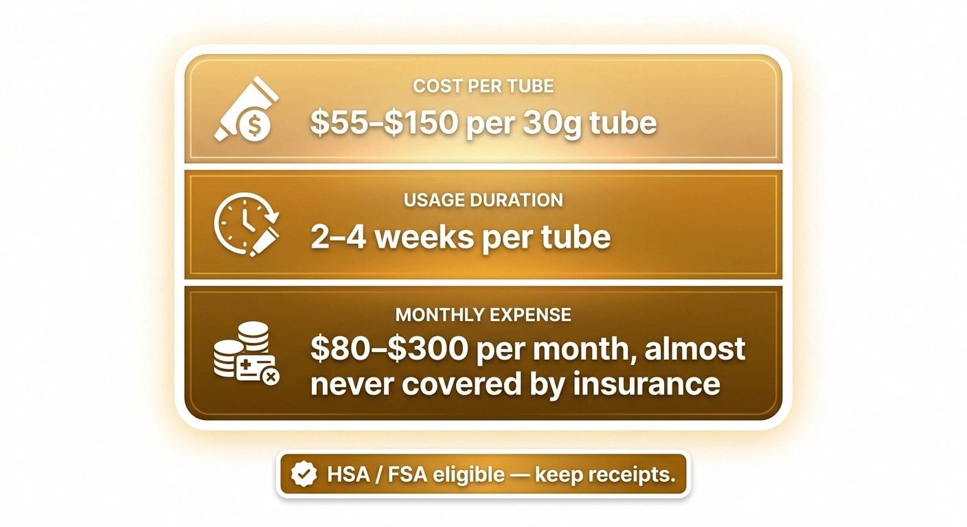 Compounded pain cream cost reality — $55-150 per tube, $80-300 per month, rarely insured