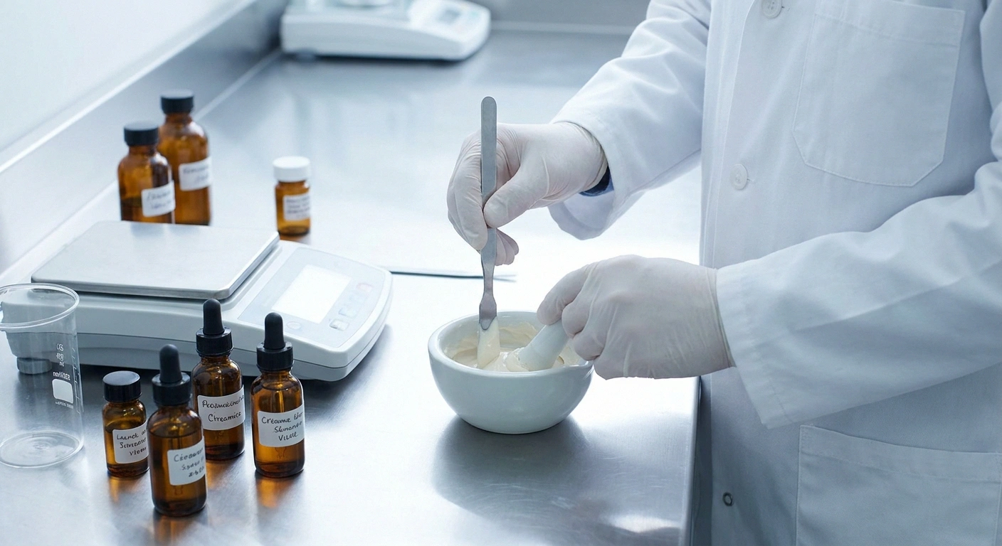 Pharmacist's hands mixing ingredients in a mortar at a compounding workstation