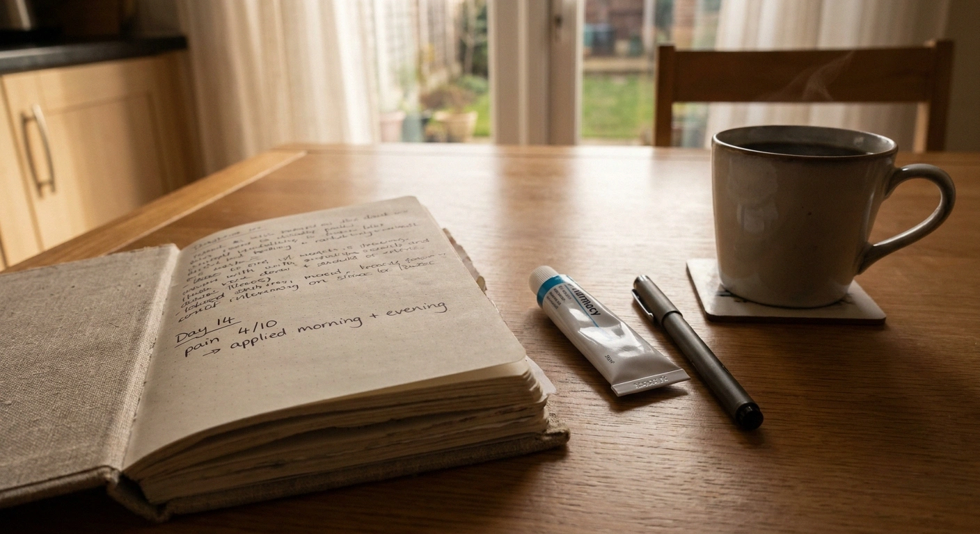 Notebook tracking pain levels and cream application — honest 2-4 week trial of a compounded cream