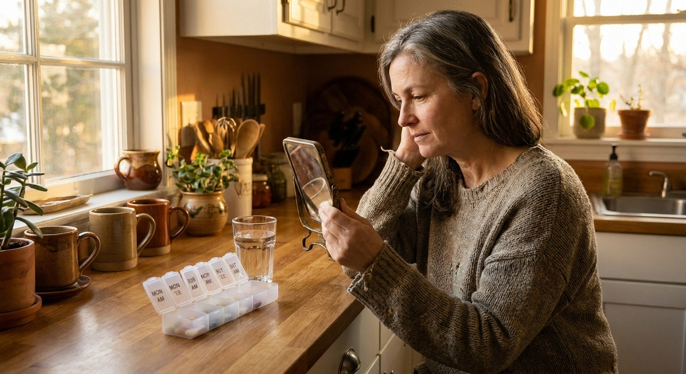 Woman in her late 50s checking subtle facial droop in a mirror during Bell's palsy recovery