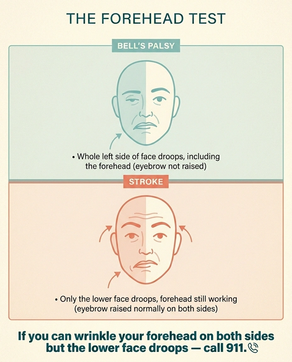 Infographic comparing Bell's palsy and stroke facial symptoms using the forehead test