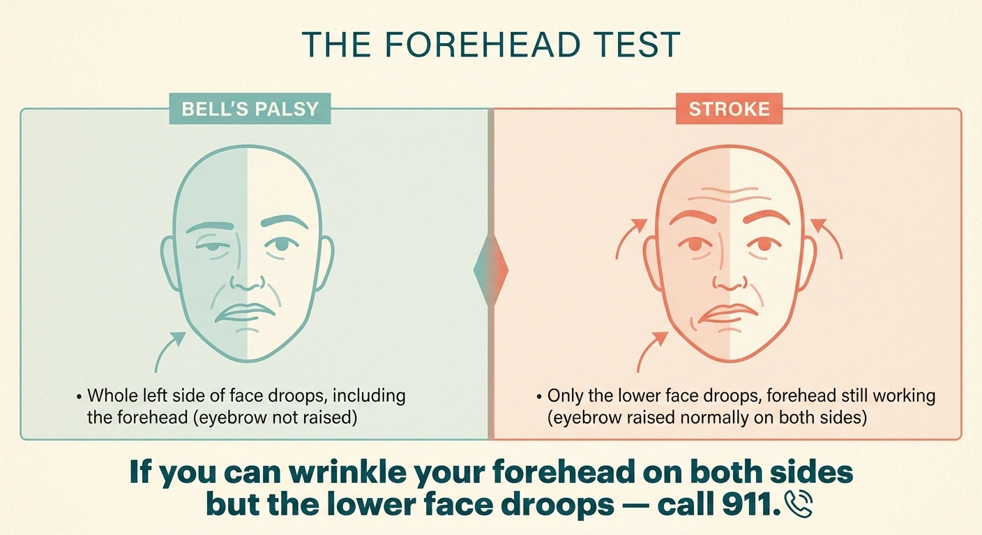 Infographic comparing Bell's palsy and stroke facial symptoms using the forehead test