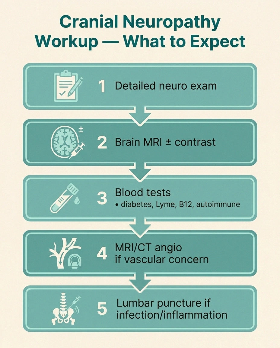 Infographic showing the typical diagnostic workup pathway for cranial neuropathy