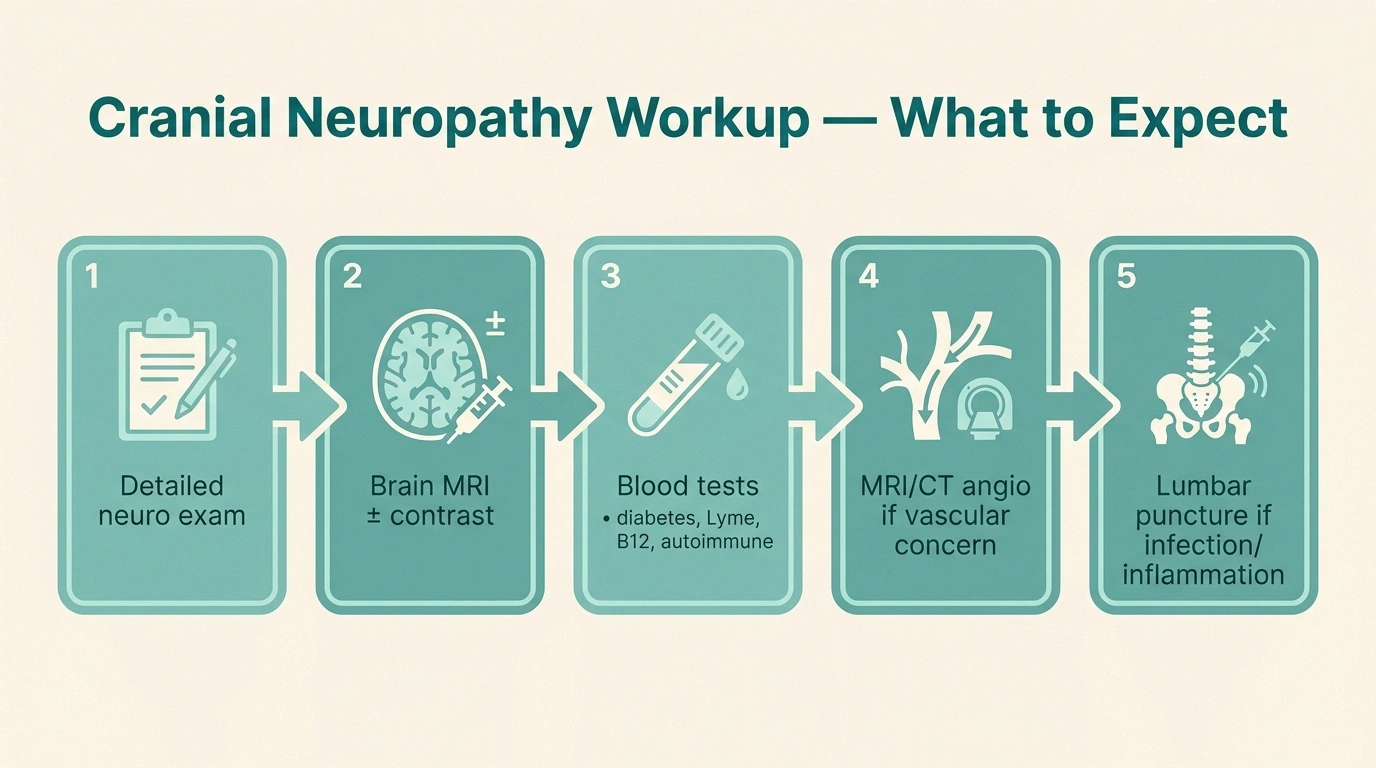 Infographic showing the typical diagnostic workup pathway for cranial neuropathy