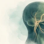 Stylized medical illustration of cranial nerve pathways in the human head and face