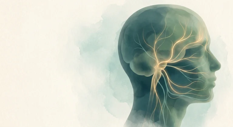 Stylized medical illustration of cranial nerve pathways in the human head and face