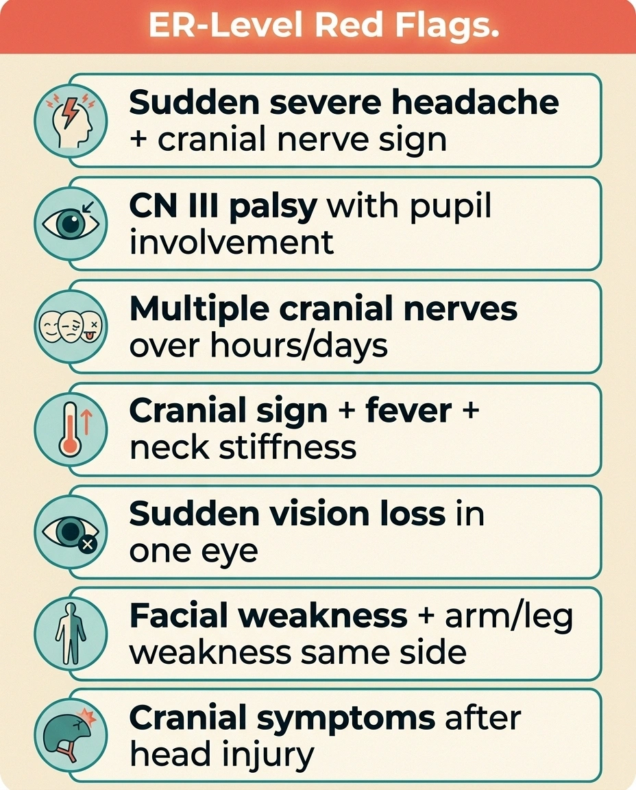 Infographic listing seven emergency red flags for cranial neuropathy symptoms