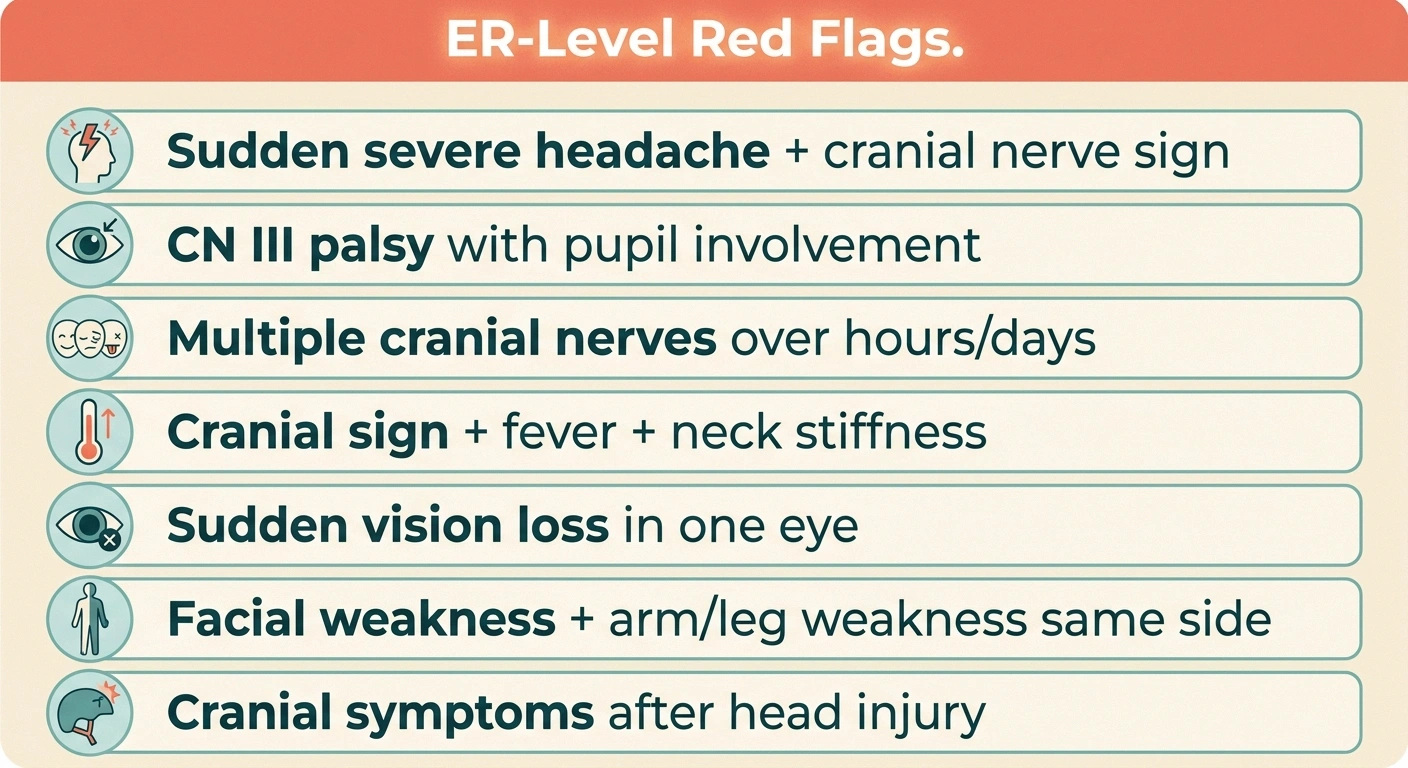 Infographic listing seven emergency red flags for cranial neuropathy symptoms
