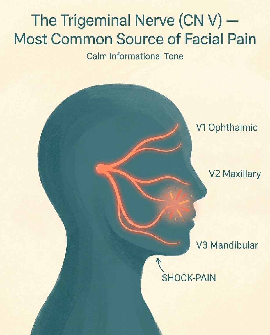 Illustration of trigeminal nerve branches and the typical pain distribution in trigeminal neuralgia