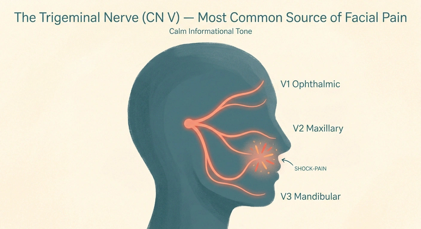 Illustration of trigeminal nerve branches and the typical pain distribution in trigeminal neuralgia