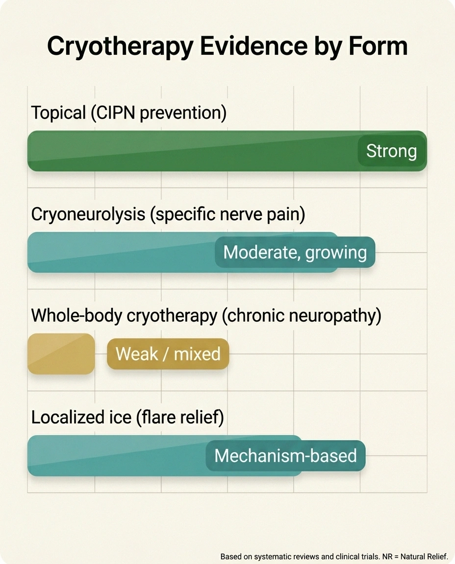 Bar graph infographic showing evidence strength for four forms of cryotherapy in neuropathy