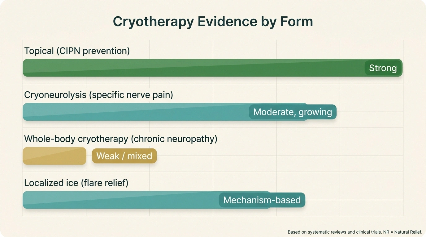 Bar graph infographic showing evidence strength for four forms of cryotherapy in neuropathy