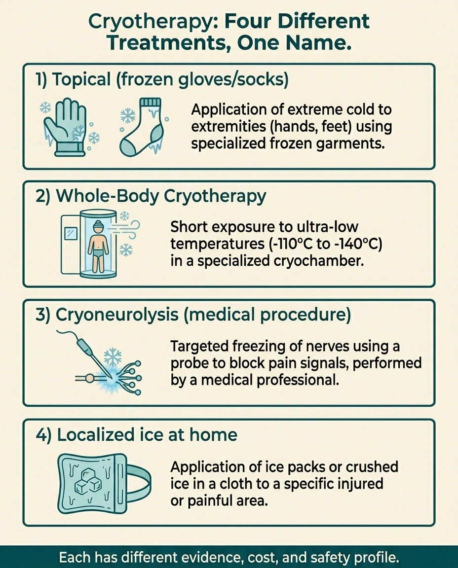 Infographic showing four forms of cryotherapy for neuropathy: topical, whole-body, cryoneurolysis, home ice