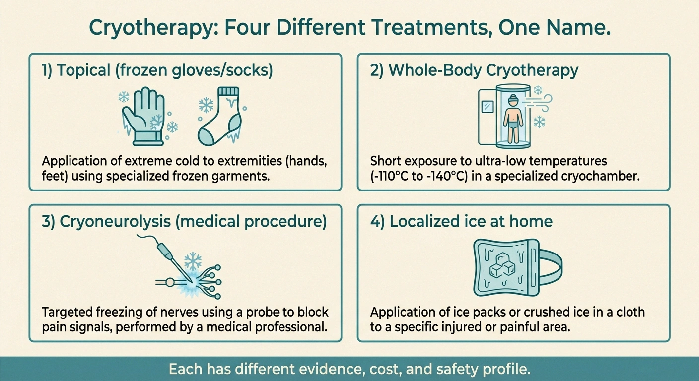 Infographic showing four forms of cryotherapy for neuropathy: topical, whole-body, cryoneurolysis, home ice