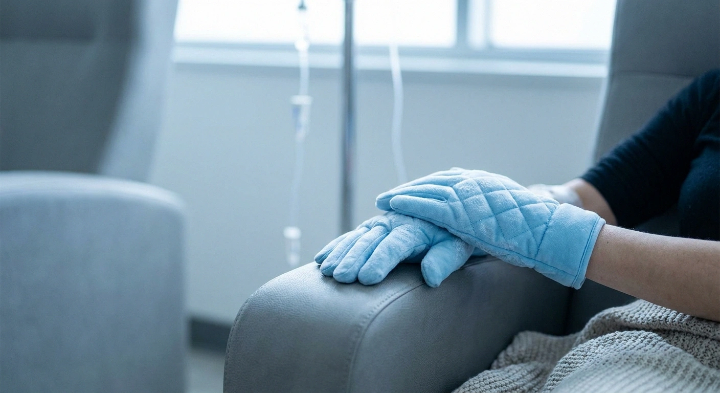 Hands wearing frozen cooling gloves during chemotherapy to prevent peripheral neuropathy