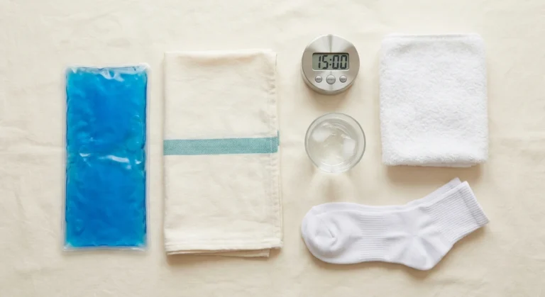 Home cold therapy supplies for neuropathy: gel ice pack, cloth barrier, timer, water, soft socks