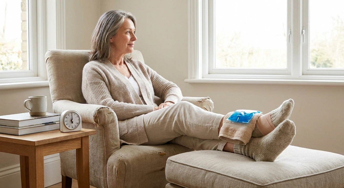 Woman applying a barrier-wrapped ice pack to her foot at home for neuropathy flare-up relief