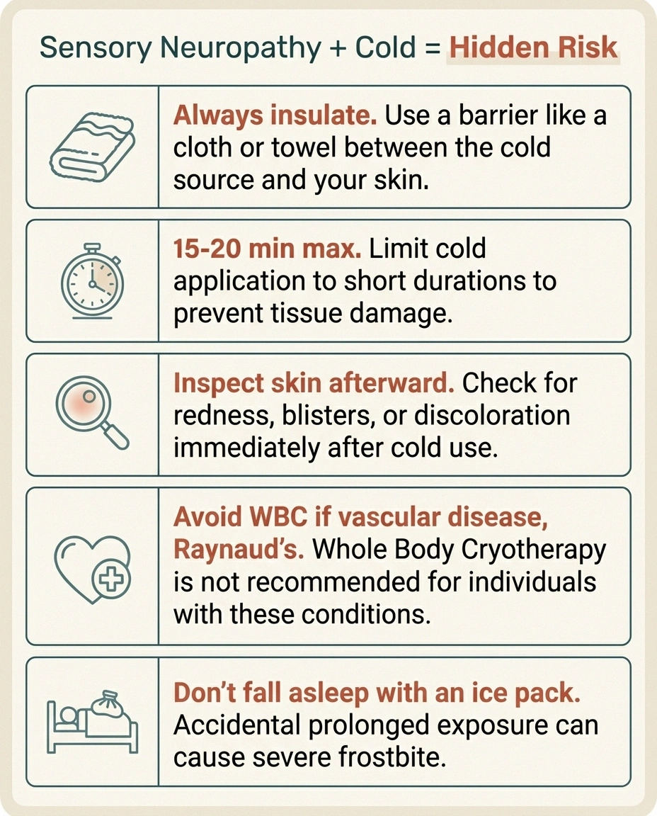 Safety infographic for cold therapy in sensory neuropathy: insulate, timer, inspect, avoid WBC if vascular disease, never sleep with an ice pack