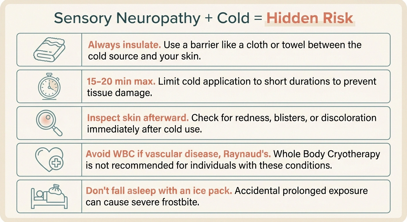 Safety infographic for cold therapy in sensory neuropathy: insulate, timer, inspect, avoid WBC if vascular disease, never sleep with an ice pack