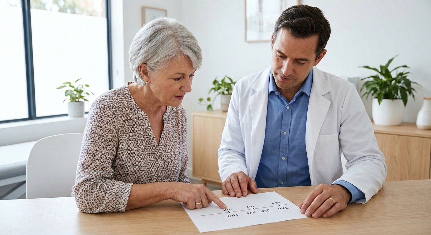 Patient and clinician reviewing a handwritten symptom timeline together at a clinic desk