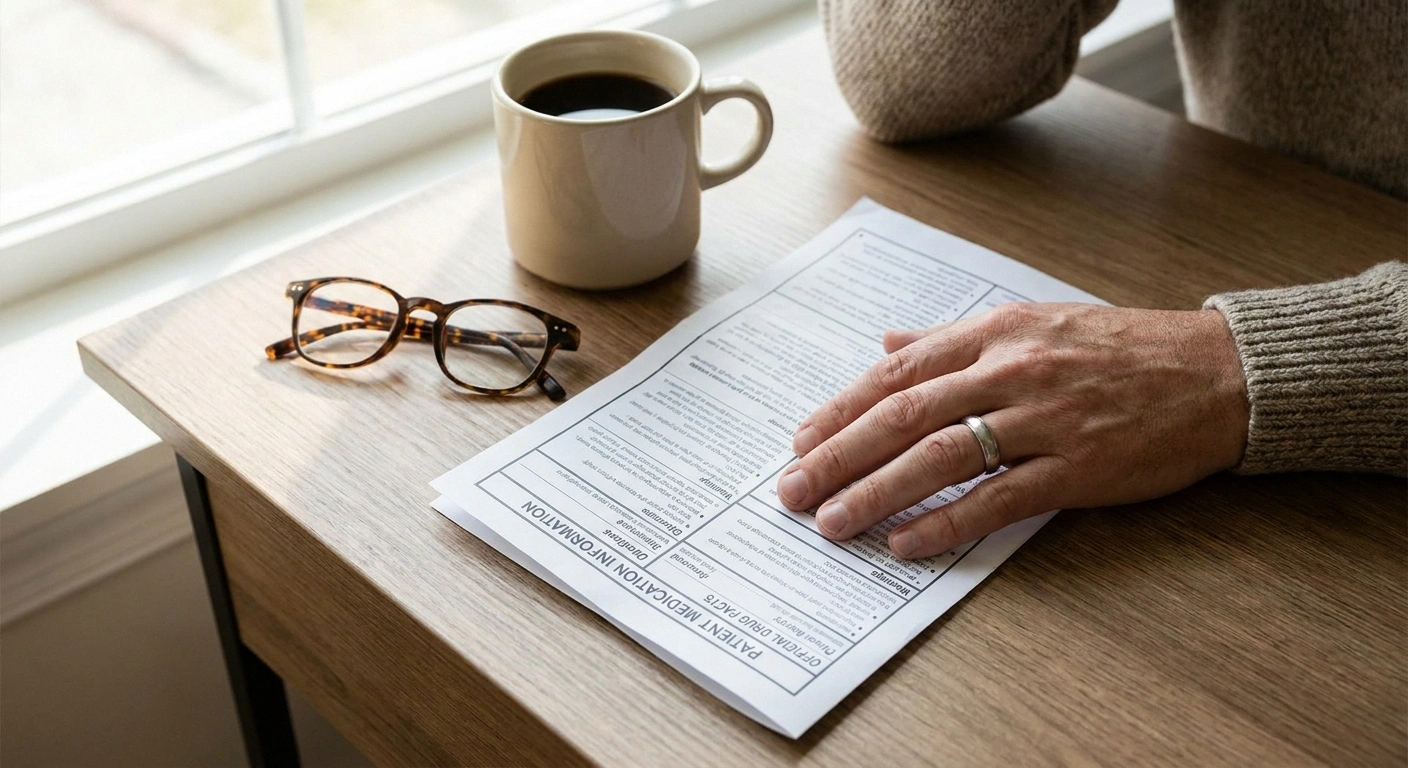 Hands reviewing a generic medication information leaflet and reading glasses at a desk
