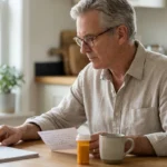 Older adult calmly reviewing an antibiotic bottle and a symptom timeline at the kitchen table
