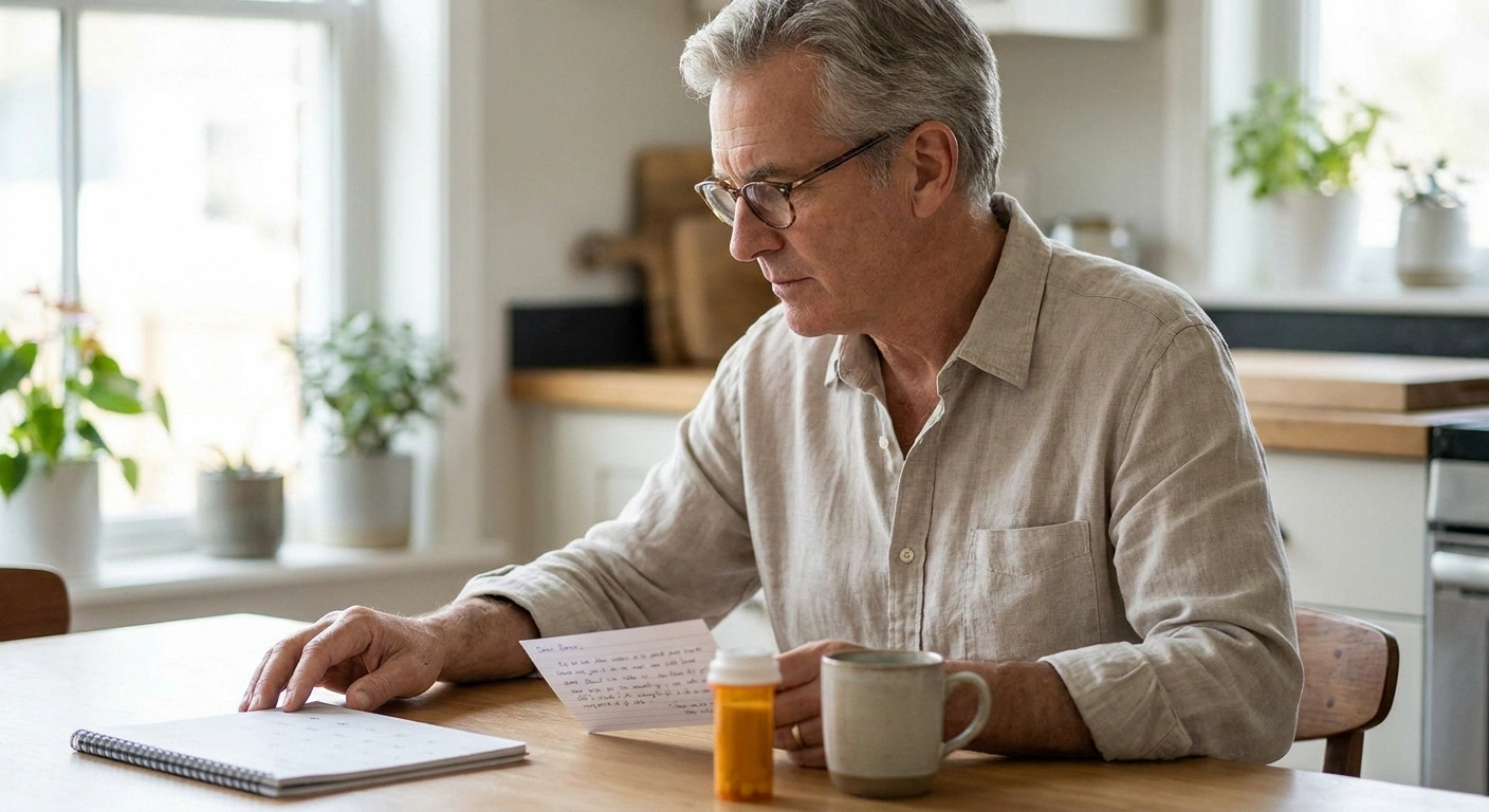Older adult calmly reviewing an antibiotic bottle and a symptom timeline at the kitchen table