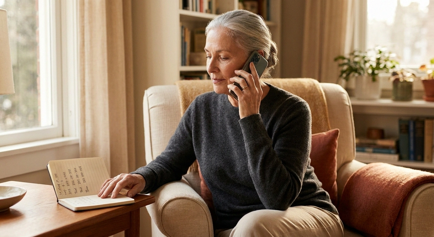 Older woman calmly phoning her prescriber early, a dated symptom note beside her