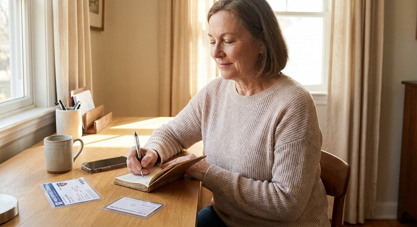 Older person calmly recording a medication reaction on a personal health card at a tidy desk