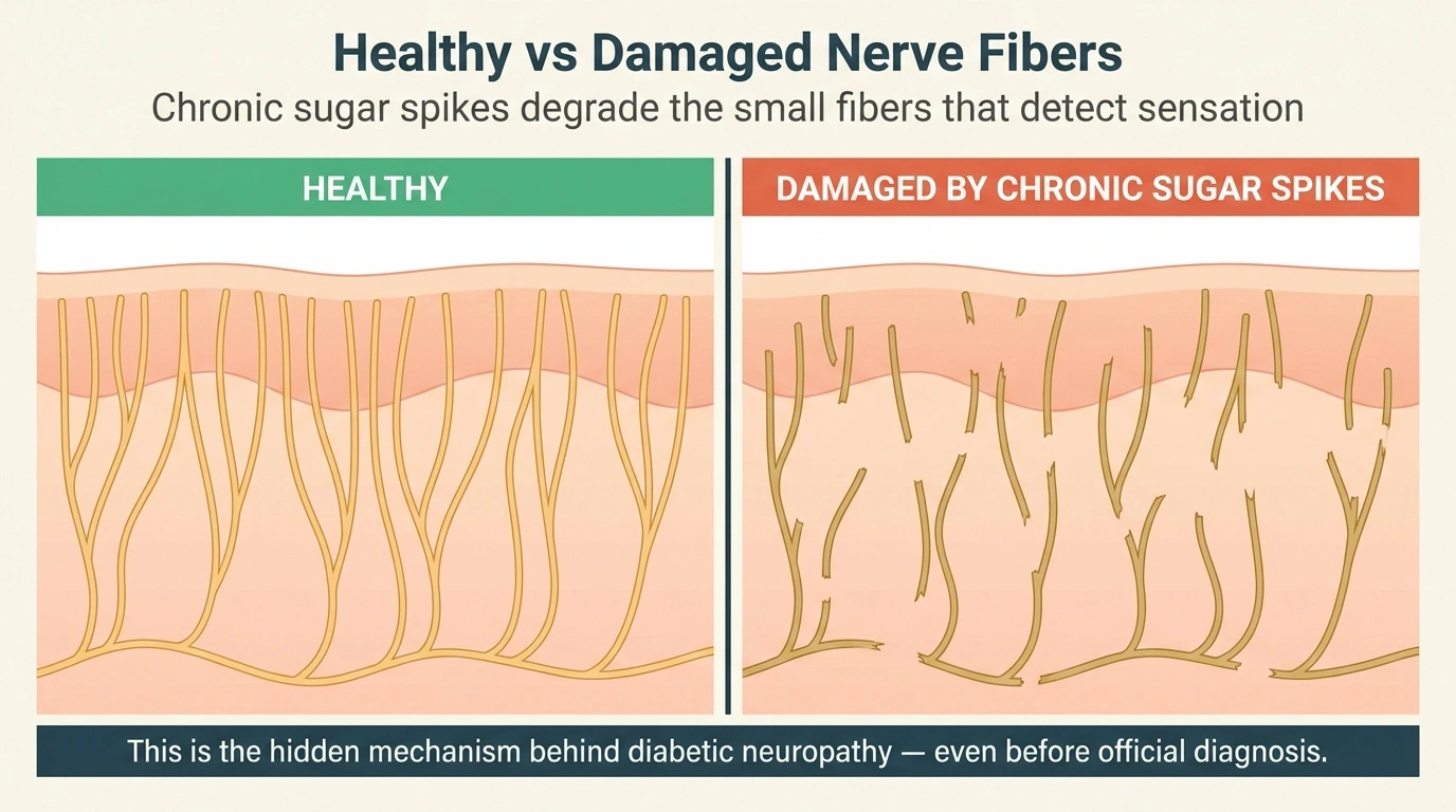 Side-by-side anatomical illustration comparing healthy nerve fibers in skin (dense and intact) versus damaged nerve fibers (sparse and fragmented) caused by chronic blood sugar spikes