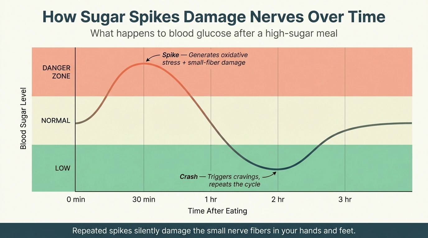 Chart showing how blood sugar spikes after eating high-sugar foods — peak in the danger zone at 30 minutes, crash below normal at 2 hours, generating oxidative stress that damages small nerve fibers