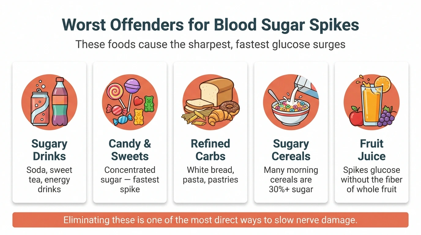 Infographic listing the worst offenders for blood sugar spikes — sugary drinks, candy and sweets, refined carbs like white bread and pasta, sugary cereals, and fruit juice