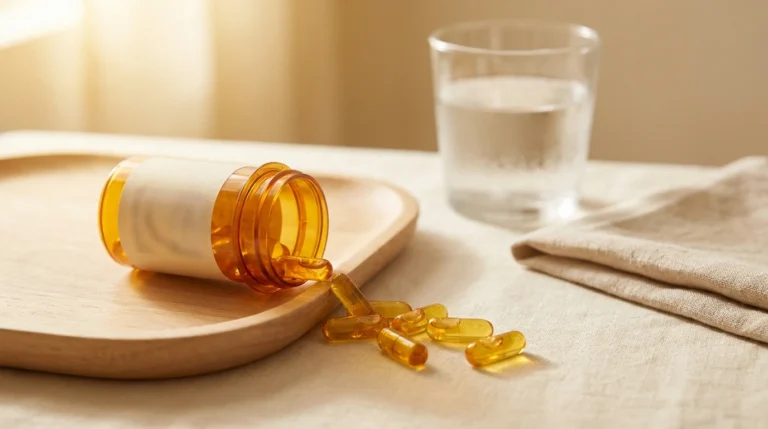 Open prescription bottle of gabapentin capsules with a glass of water on a soft warm tabletop