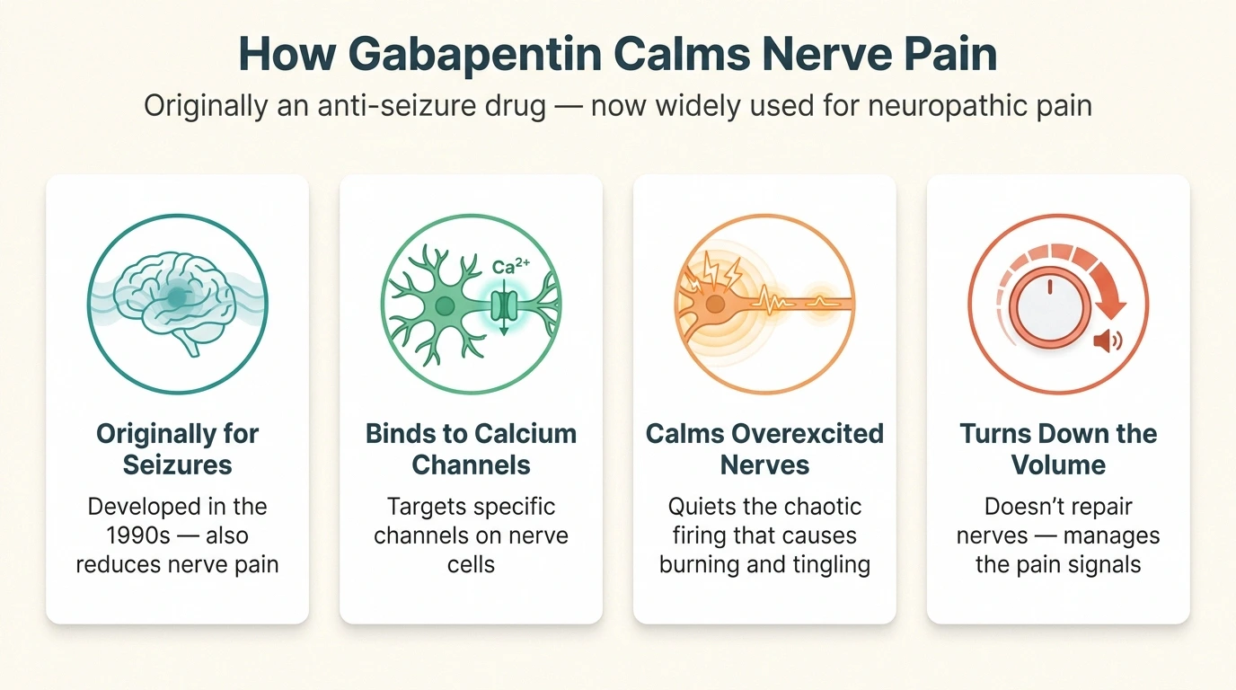 Infographic showing how gabapentin calms nerve pain — originally an anti-seizure drug that binds to calcium channels and quiets overexcited nerve signals