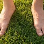 Bare feet resting in dewy green grass at dawn, illustrating outdoor grounding for neuropathy