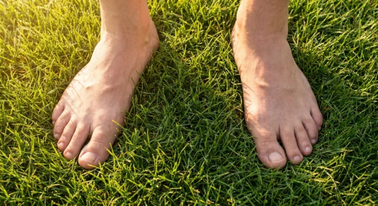 Bare feet resting in dewy green grass at dawn, illustrating outdoor grounding for neuropathy