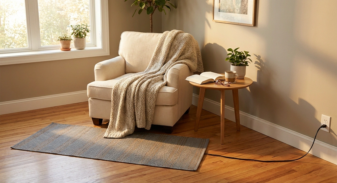 Cozy living room corner with a grounding mat in front of an armchair connected to a wall outlet